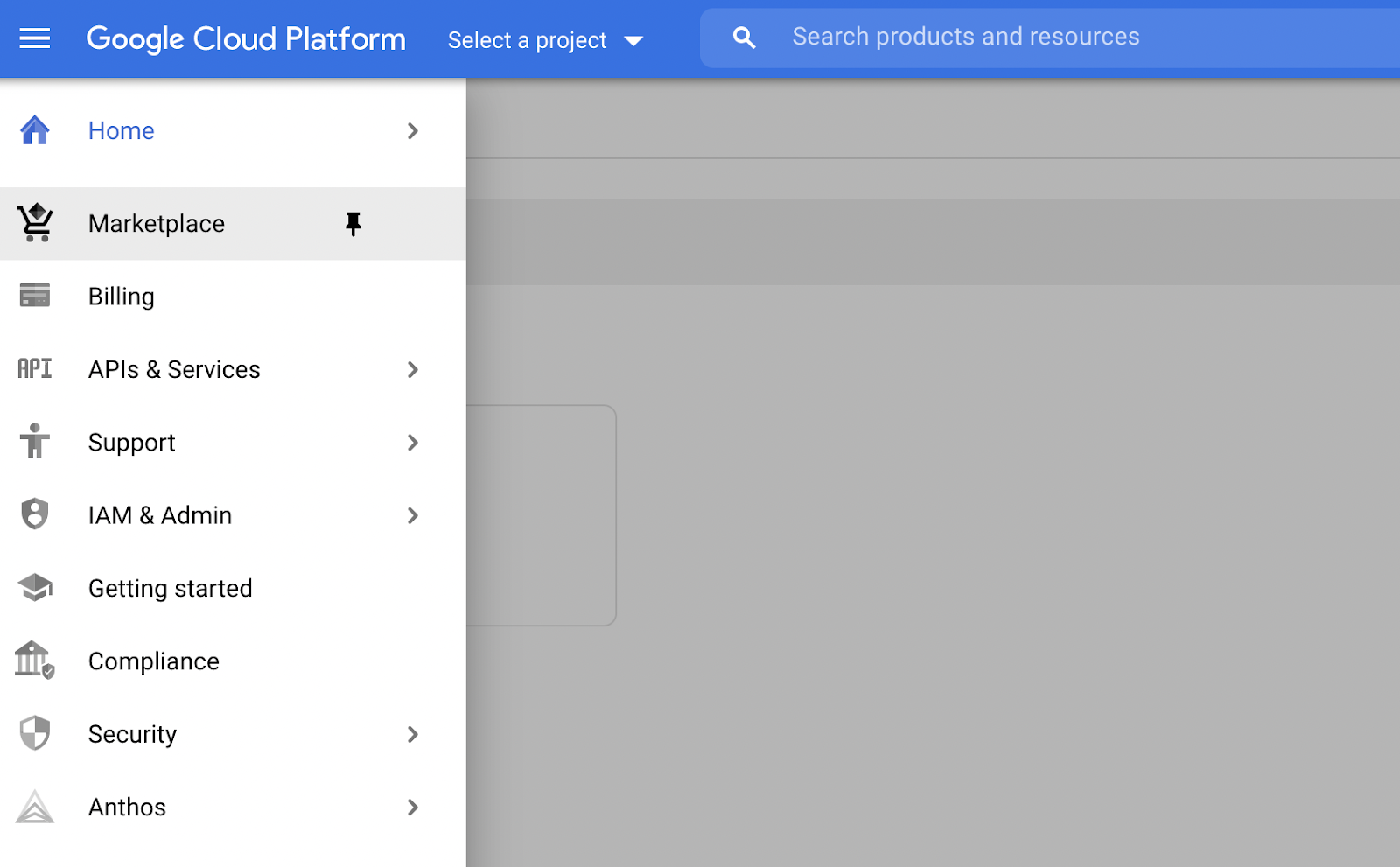 screenshot of the google cloud marketplace menu