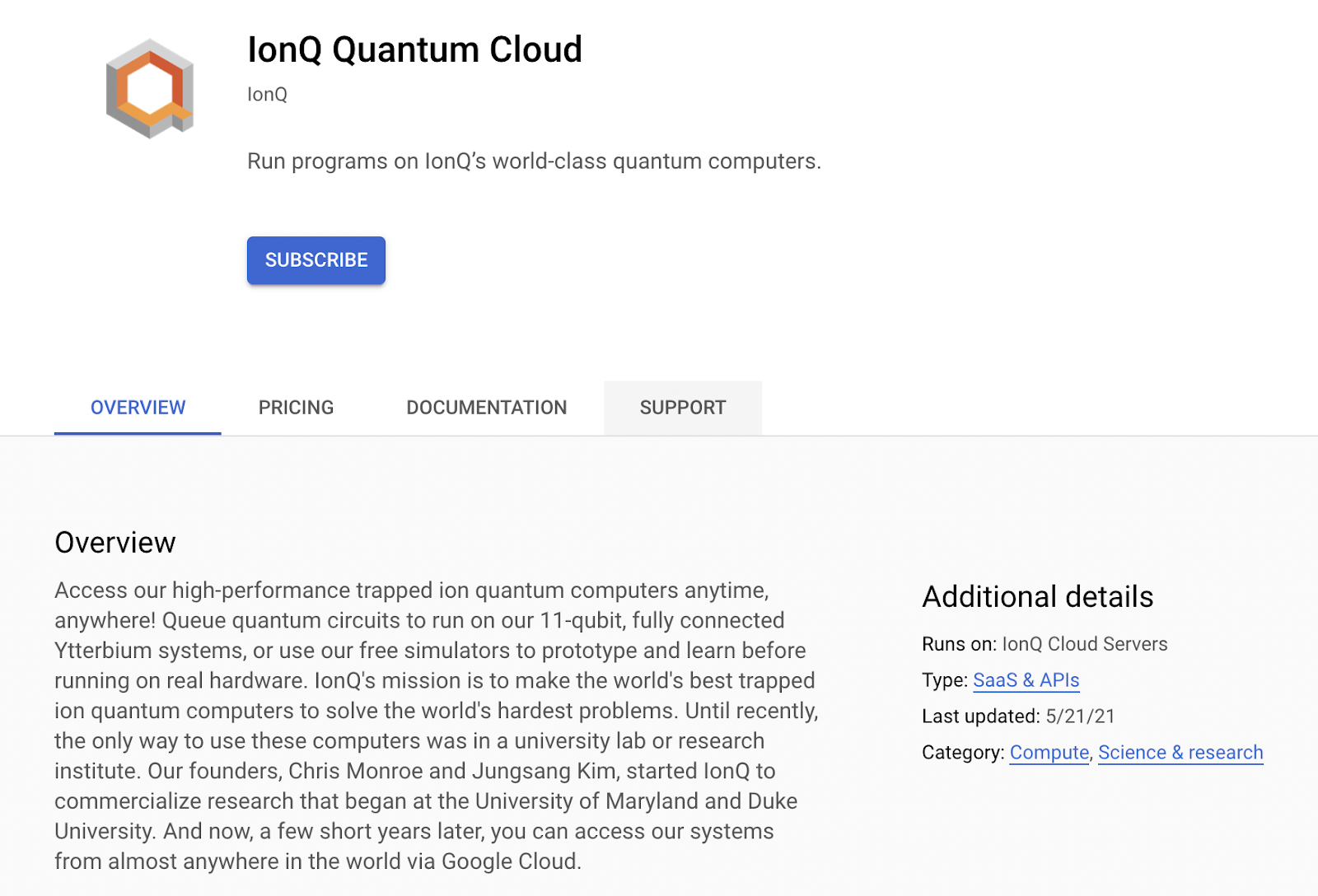 screenshot of the IonQ Quantum Cloud page in google cloud marketplace