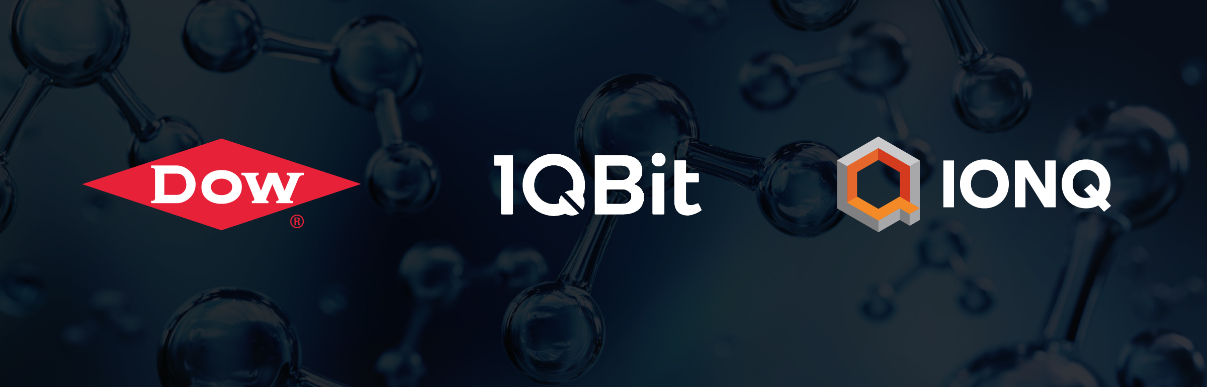 1QBit, Dow, and IonQ logos in front of molecule illustration