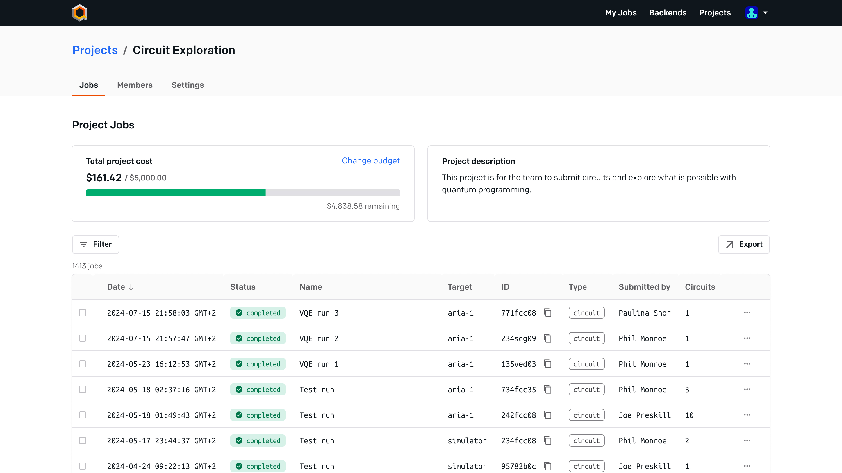 screenshot of quantum cloud console UI with list of executed jobs